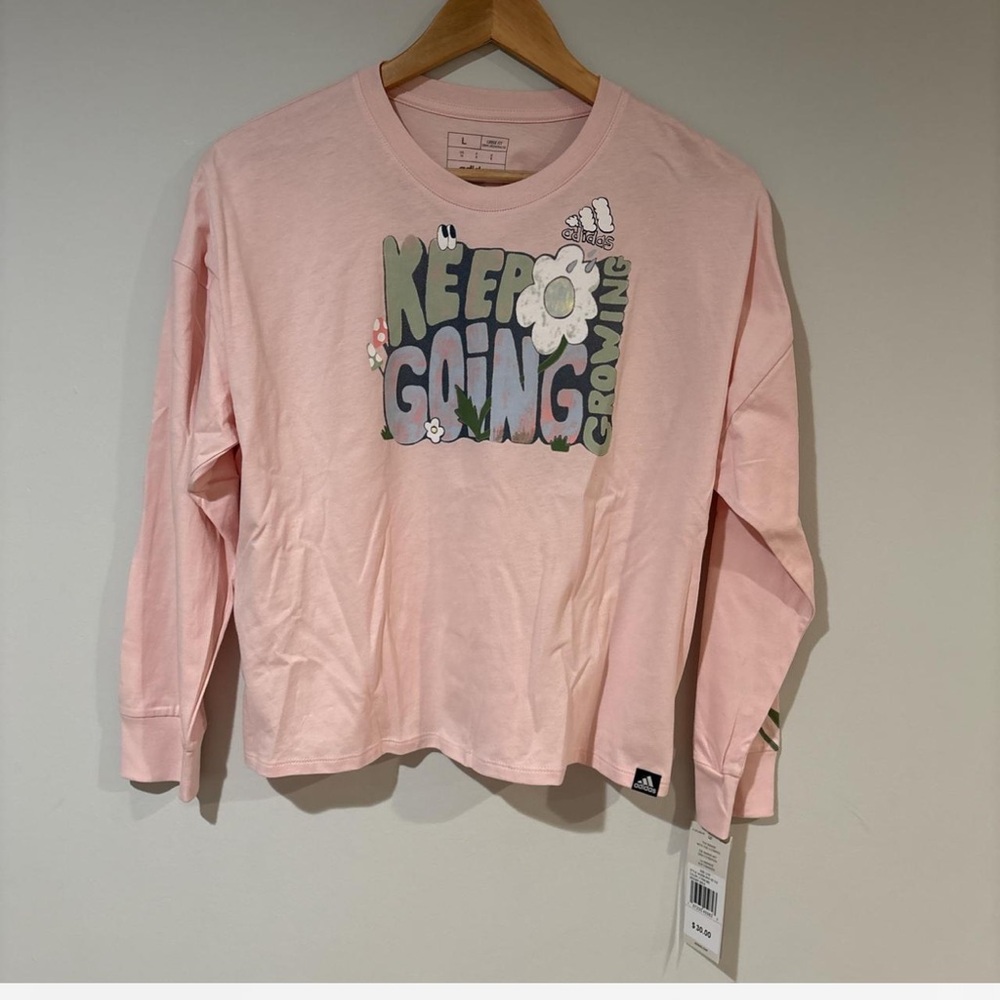 NWT Adidas Girls Pink "Keep Growing" Graphic Long Sleeve Shirt Size L (14)